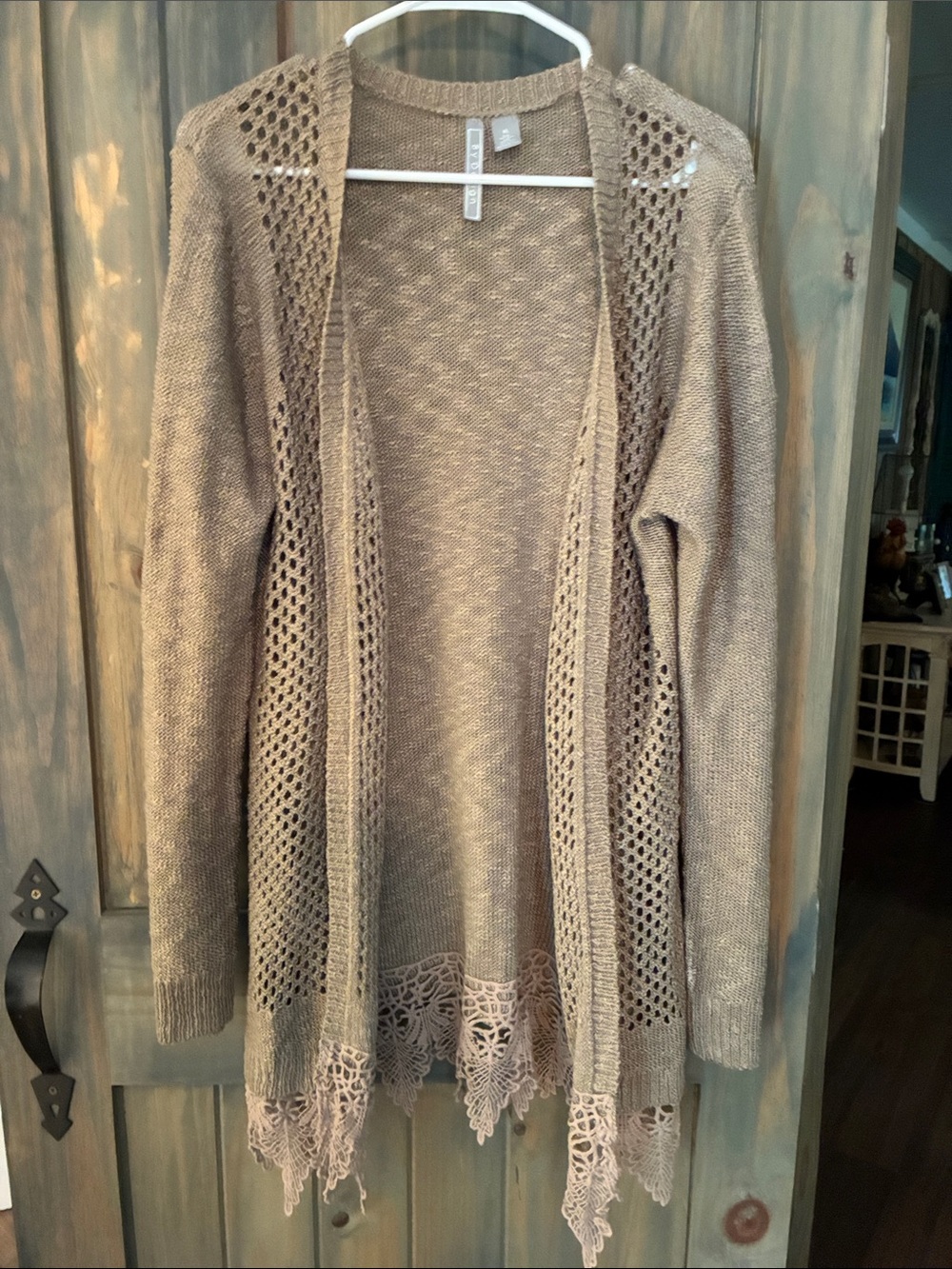 By Design Boho Open-Front Crochet Trim Women's Cardigan Sweater - Taupe